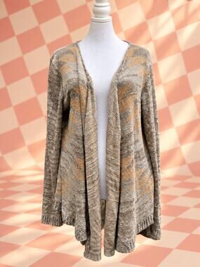 Maurices 1X Metallic Geometric Cardigan Gray Tan Open Front Sweater